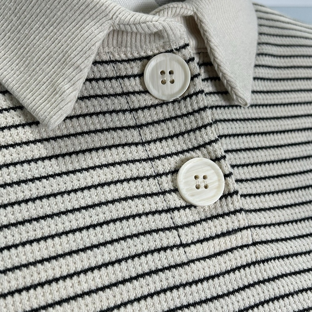 Atelier By Kirious Small Woman Boxy Cropped Short Sleeve Polo Beige Black Stripe - Picture 5 of 8